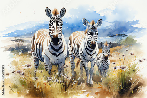 Zebra family in the wild drawn with watercolor