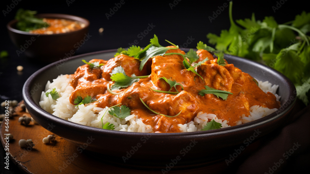 bowl of tasty rice, chicken and vegetables on dark background bowl of tasty rice, chicken and vegetables on dark background