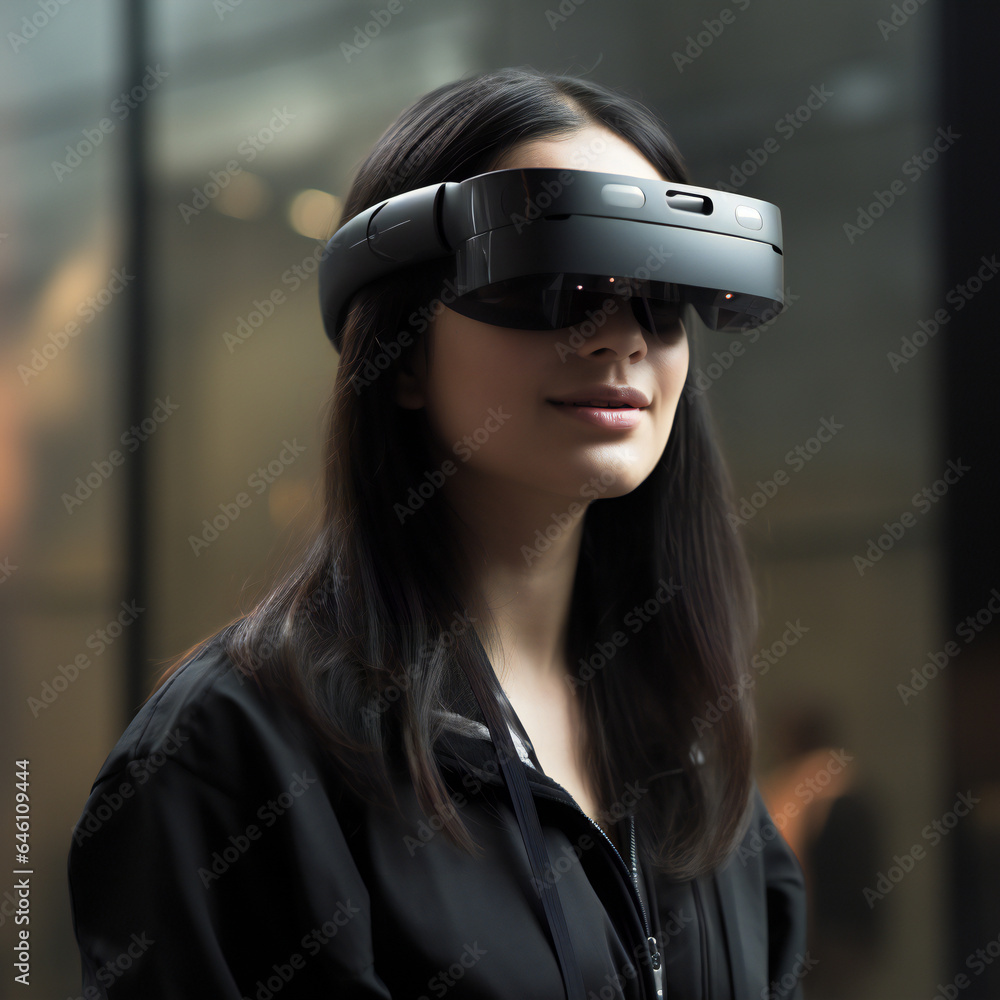 Portrait of a woman wearing a VR set on her head Portrait of a woman wearing a VR set on her head