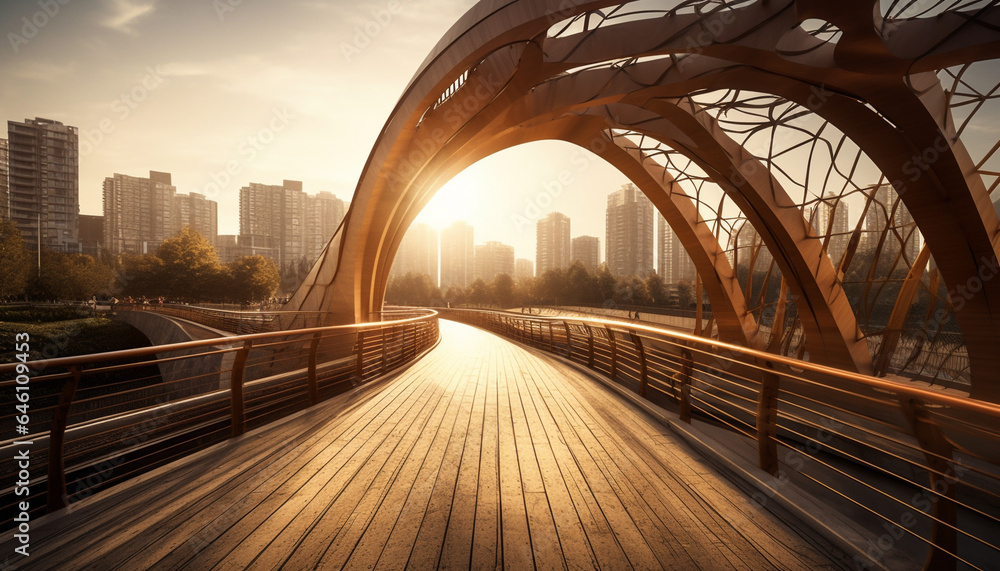 Obraz premium Modern city skyline illuminated at dusk with waterfront reflection generated by AI