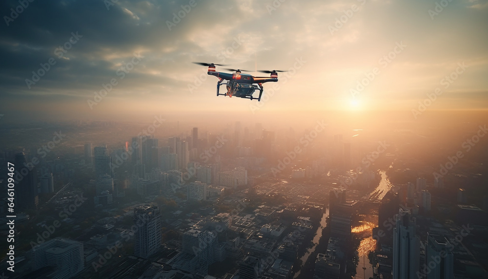 Futuristic drone hovers mid air, capturing city life at dusk generated by AI Futuristic drone hovers mid air, capturing city life at dusk generated by AI