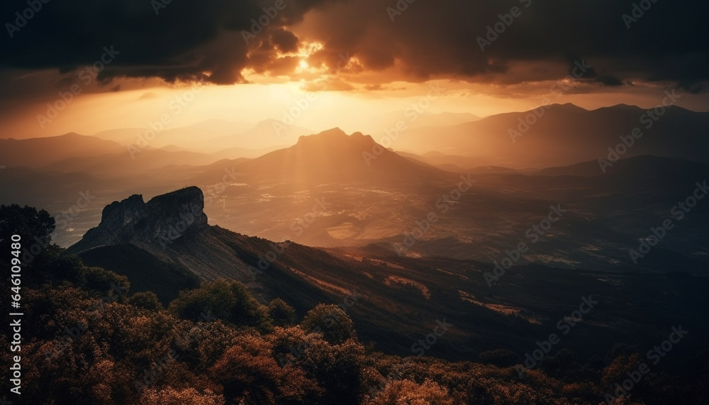 Tranquil scene of majestic mountain range back lit by sunset generated by AI