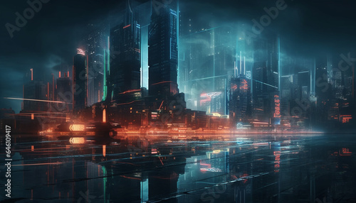 Futuristic skyscrapers illuminate the city skyline at night, reflecting growth generated by AI