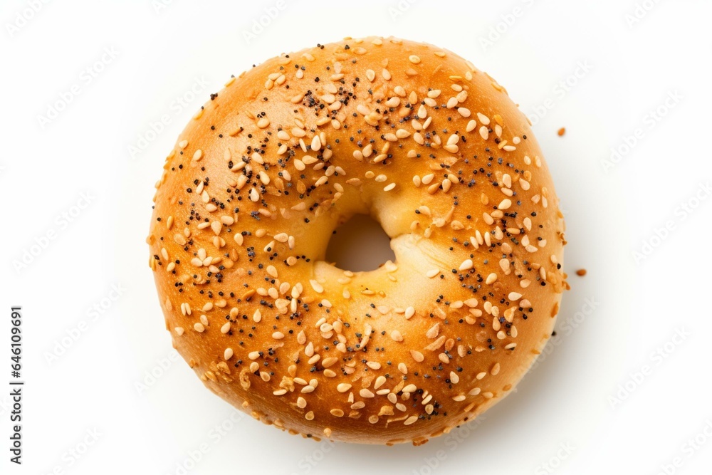 Overhead view of bagel on a plain white background. Generative AI Overhead view of bagel on a plain white background. Generative AI