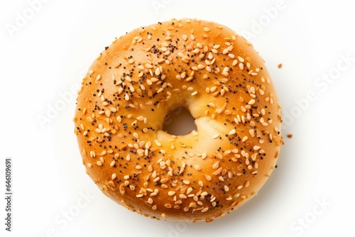 Overhead view of bagel on a plain white background. Generative AI