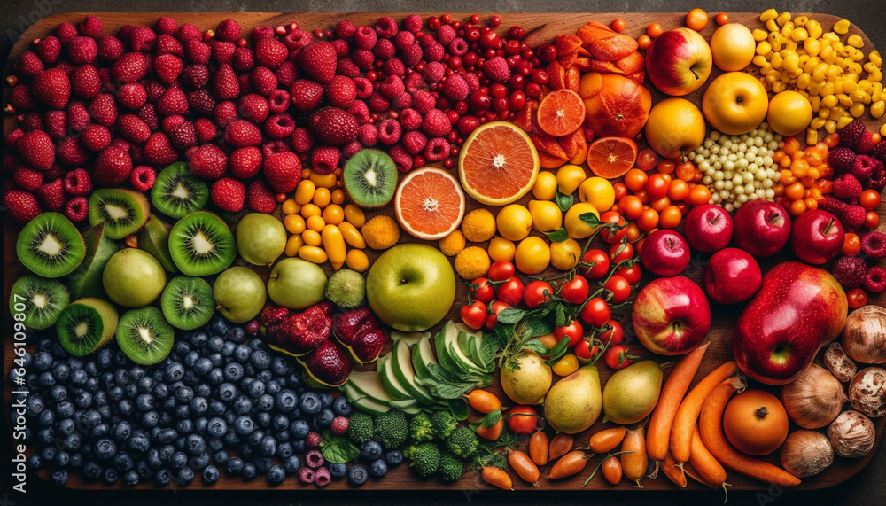 Vibrant collection of healthy fruits on wooden background, close up shot generated by AI Vibrant collection of healthy fruits on wooden background, close up shot generated by AI