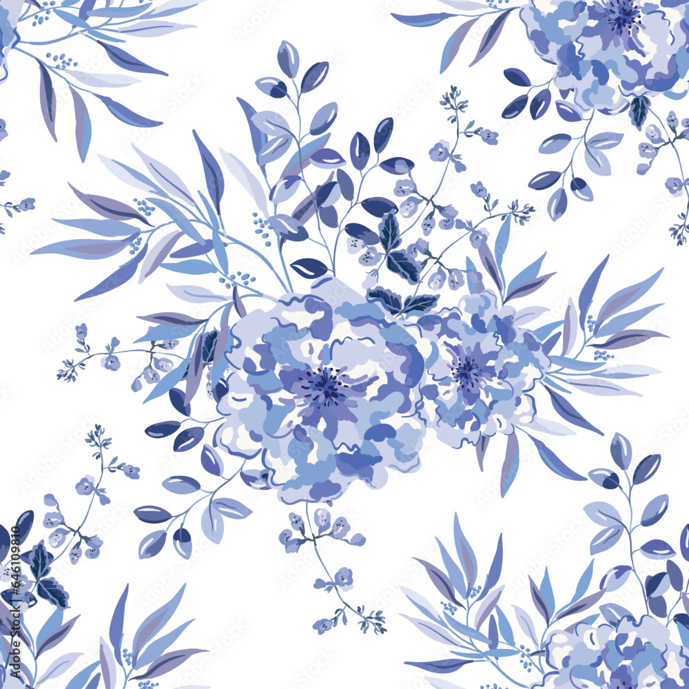 Blue floral print. Rose flowers, leaves bouquets, white background.  Vector illustration. Seamless pattern. Botanical design. Nature summer garden plants