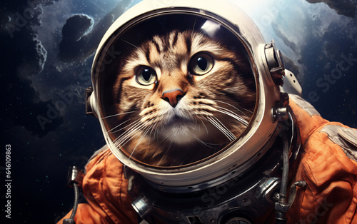 Cat astronaut in a spacesuit in outer space, travel in the universe concept