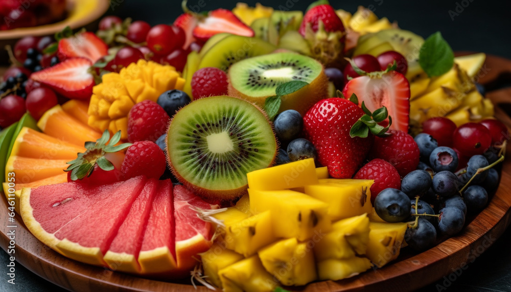 Fresh fruit salad with a variety of colorful, juicy berries generated by AI