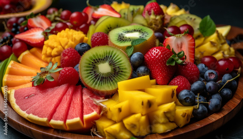 Fresh fruit salad with a variety of colorful, juicy berries generated by AI © Stockgiu
