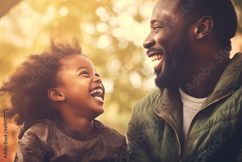 Portrait, happy father and boy smile in garden fun, vacation and break in summer happiness together. Black man and child smile, love and hug outdoor bonding free time on a sunny day in the park #646110075