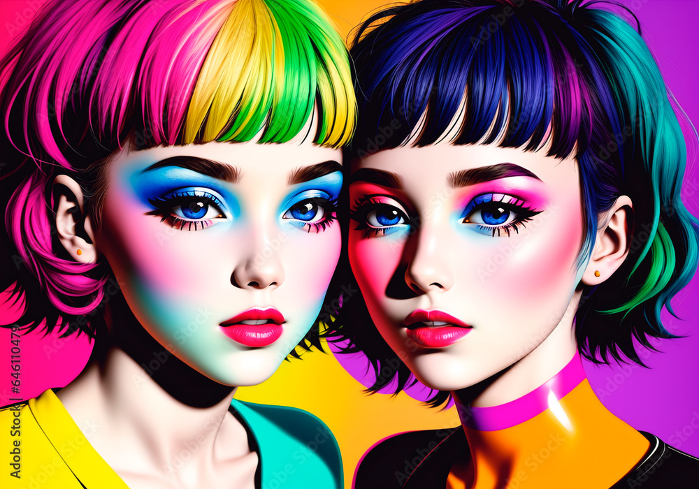Naklejka premium Two beautiful young women with bright make-up.