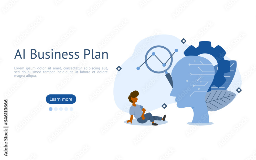 AI planning illustration. characters are looking at data analysis by AI system. AI Business Planning concept. vector illustration.