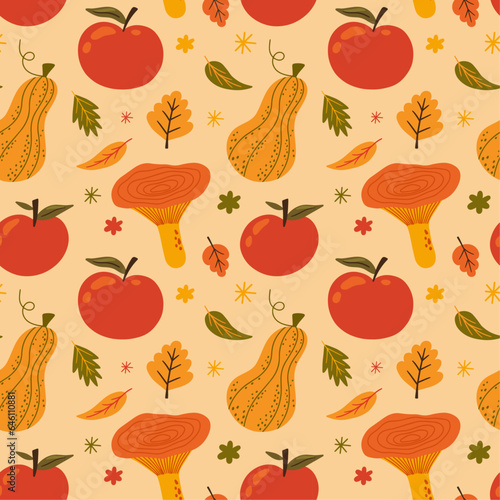 Autumn seamless vector pattern with pumpkins, mushrooms, apples, leaves. Fall seasonal food illustration