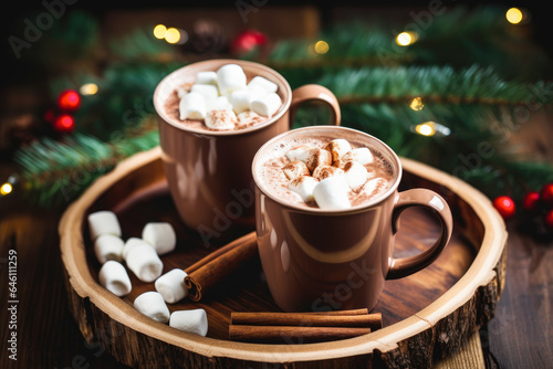 Hot chocolate with marshmallows, Christmas drink in a wooden tray.