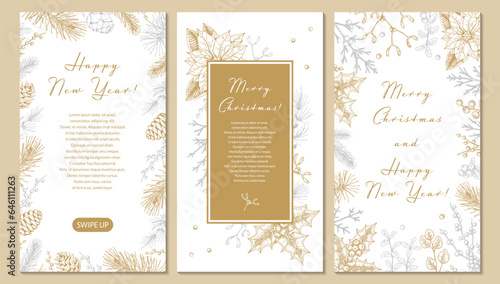 Set of Merry Christmas and Happy New Year vertical greeting cards with hand drawn golden botany elements. Vector illustration in sketch style. Festive backgrounds. Social media stories templates