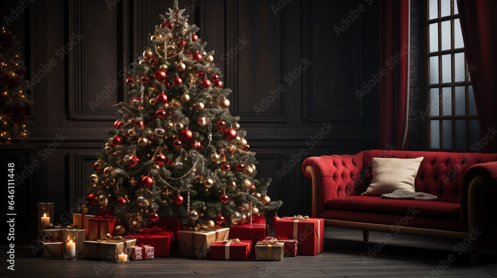Christmas tree with gifts and decorations