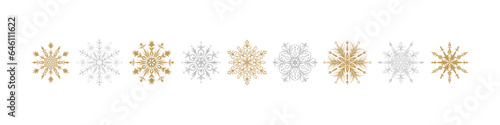 Golden and silver snowflakes. Merry Christmas and happy new year greeting card design element. Vector illustration isolated on white. Winter background