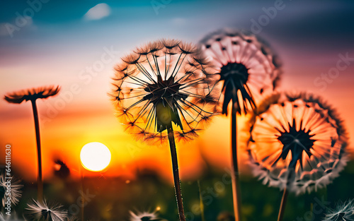 Sunset over dandelion field. Beautiful nature scene