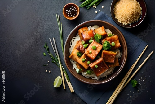 Stir fried marinated tofu with sesame seeds  soy sauce and scallions in a bowl  top view 