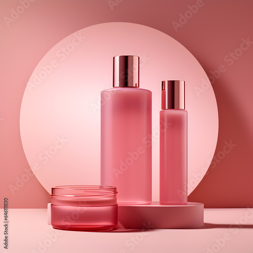 Cosmetics product line with pink color background and copy space, set © Design M