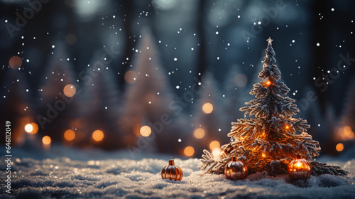 Christmas tree and lights winter forest scene