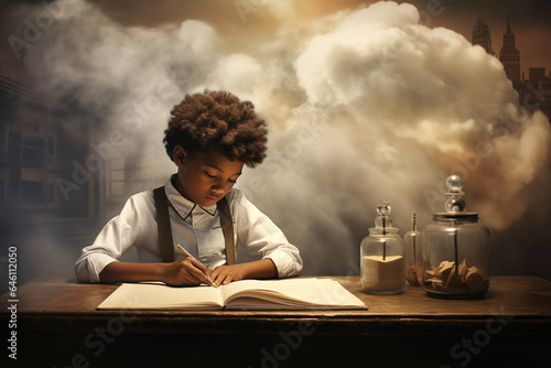 smiling African american child school boy writing in a notebook