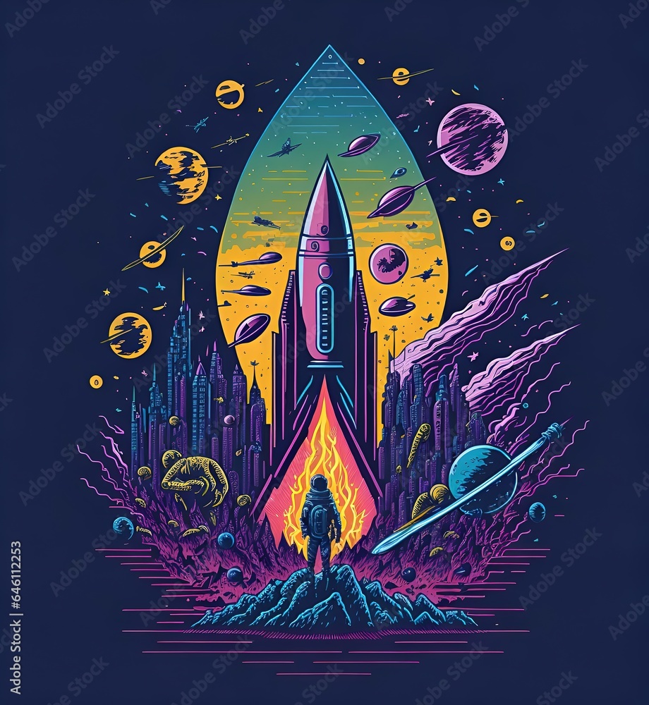 Alien with planets and solar system, starting Rocket from the ground, futuristic city, illustration Alien with planets and solar system, starting Rocket from the ground, futuristic city, illustration