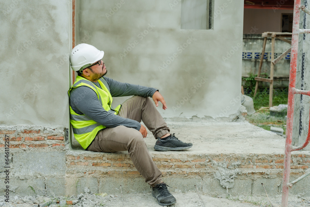 Asian architect, construction supervisor. Take the white safety helmet. Sitting against a cement wall Take a break from work Exhausted face, sweating. Man wearing a reflective safety vest.