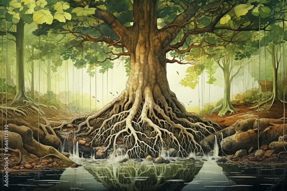 Underground fungal root system connecting trees. Earth's common