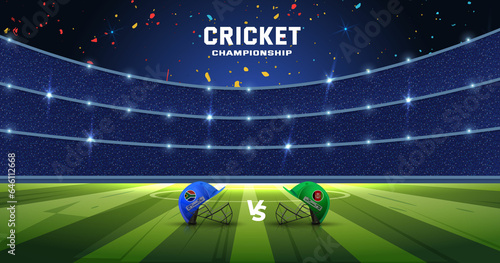 Cricket championship league, cricket tournament, cricket bat, ball, stump, helmet with winning cup trophy. © Molina