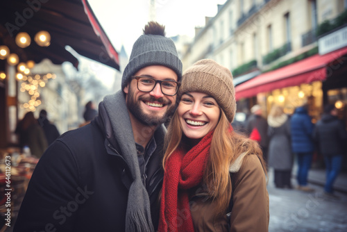 A young cheerful couple having fun in Paris, Enjoying Christmas Market