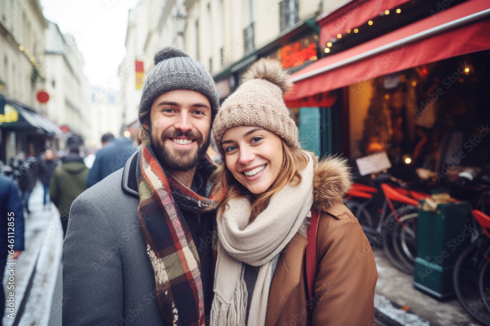 A young cheerful couple having fun in Paris, Enjoying Christmas Market