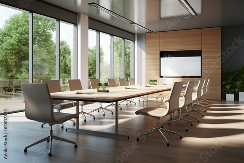 View of large meeting table with wheelchairs in modern conference room. 3D rendering. Generative AI