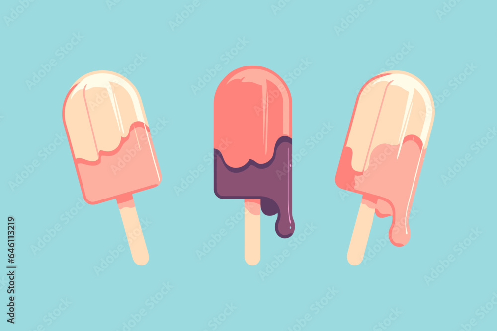 Melting colored fruit ice cream on stick with different tastes, summer mood, retro style, cold dessert, vector illustration on blue background. Melting colored fruit ice cream on stick with different tastes, summer mood, retro style, cold dessert, vector illustration on blue background.