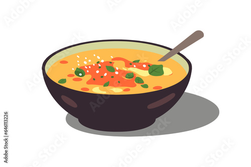 Delicious bowl of soup, hot meal, food, vegtables. Tom yum, simple vector illustration.