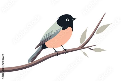 Pink bird bullfinch sitting on blossom branch, spring season. Vector illustration.