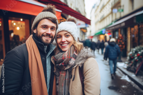 A young cheerful couple having fun in Paris  Enjoying Christmas Market