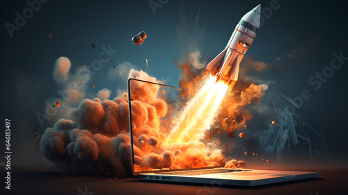 illustration of a rocket flying from the laptop screen
