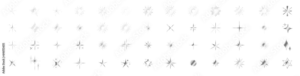 Stars set of 52 black icons. Vector set of different black sparkles icons