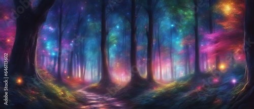 A forest with a road filled with many magical trees and colorful lights  a night sky with stars  fantasy art