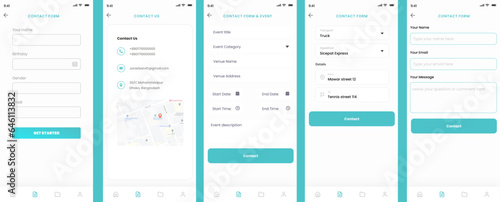 Contact Form Page,  Enquiry and Contact us Forms, connect with us and Events Screen App UI Kit Template