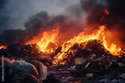 Burning debris and garbage on landfill. Generative AI
