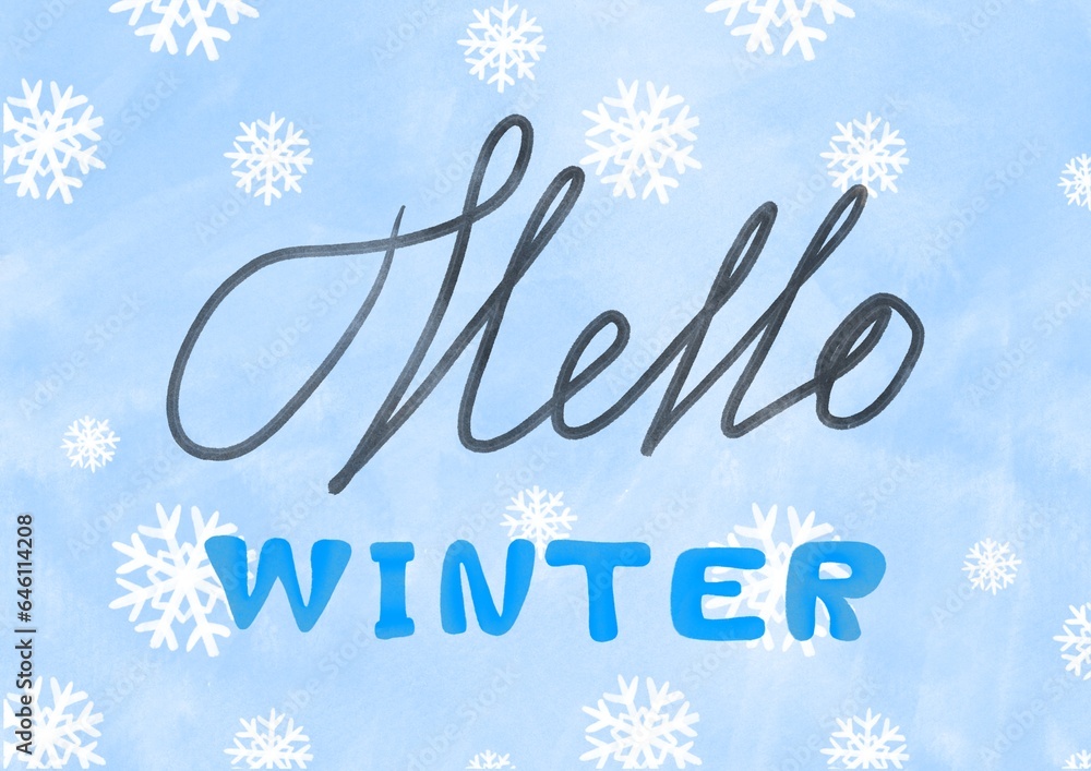 hand drawn Word hello winter with letters and snowflakes on light blue background. handwritten text in watercolor style. Typography design for greeting cards, poster