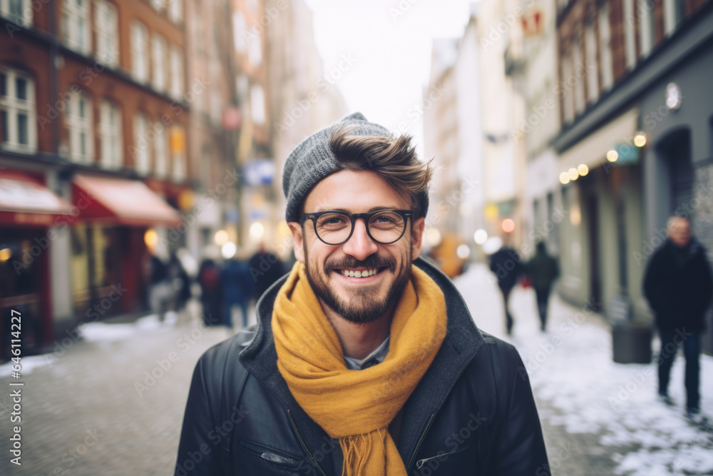 Portrait of a young smiling man standing on the city street in Amsterdam Portrait of a young smiling man standing on the city street in Amsterdam