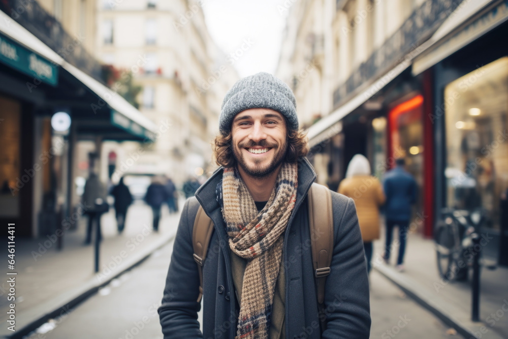 Portrait of a young smiling man standing on the city street in Paris Portrait of a young smiling man standing on the city street in Paris
