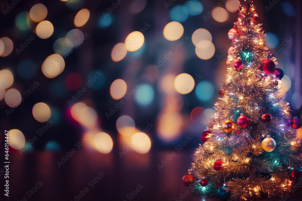 New Year, Christmas tree decorated with toys on a blurred bokeh background. Christmas mood. New Year, Christmas tree decorated with toys on a blurred bokeh background. Christmas mood.