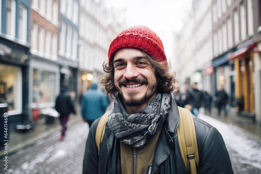 Portrait of a young smiling man standing on the city street in Amsterdam Portrait of a young smiling man standing on the city street in Amsterdam