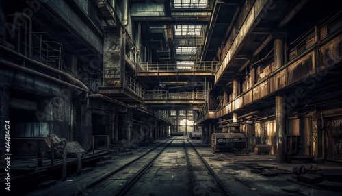 Spooky old factory, abandoned and ruined, a rusty mess inside generated by AI © Stockgiu