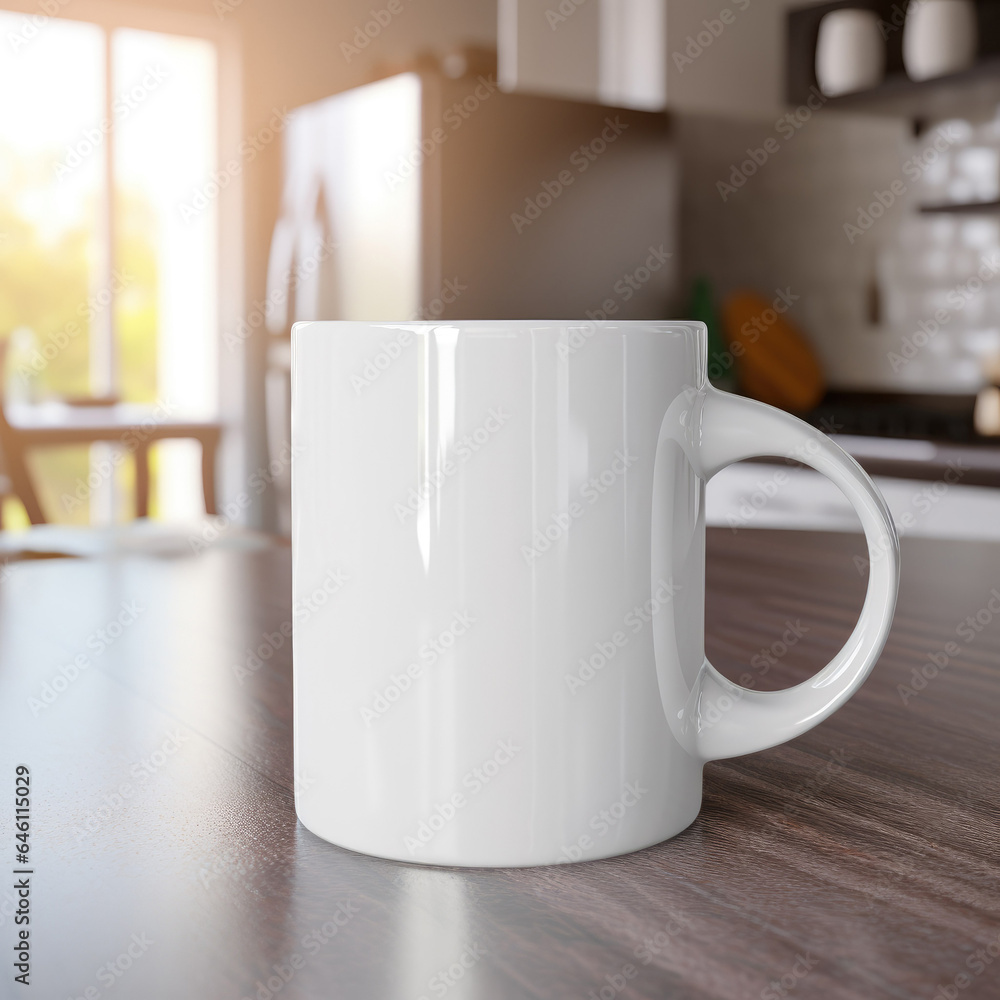 White ceramic coffee mug on the kitchen table. Mug mockup. Natural lighting inside a modern kitchen as the blurred background White ceramic coffee mug on the kitchen table. Mug mockup. Natural lighting inside a modern kitchen as the blurred background